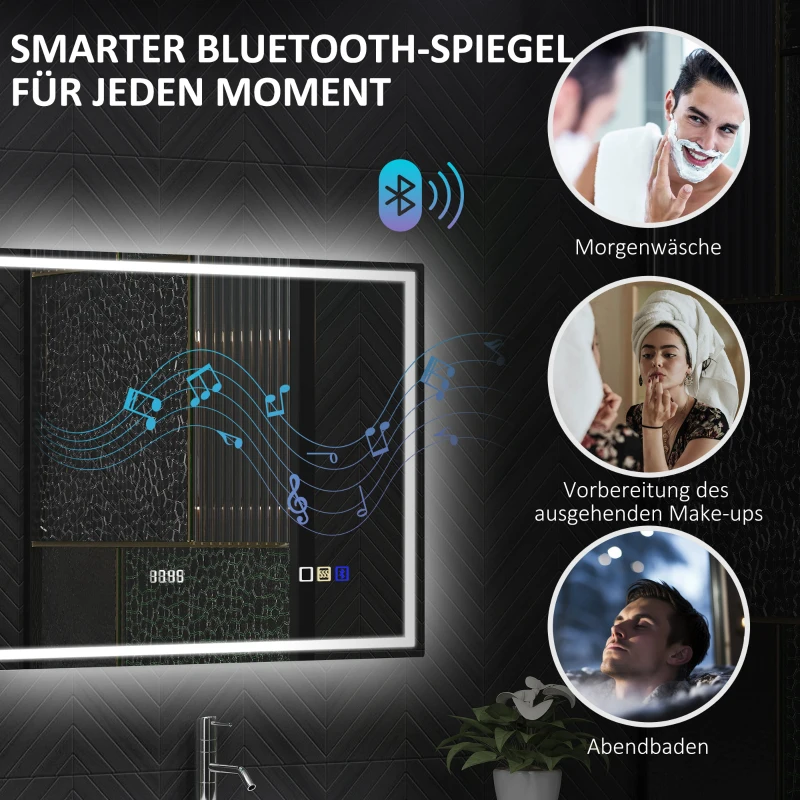 HOMCOM LED Badkamerspiegel met Verlichting, Anti-condensfunctie, 3 Verstelbare Kleurtemperaturen, Klok, 60 x 80 cm, Zilver
