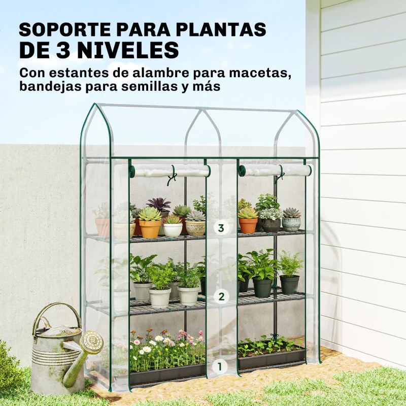 Outsunny Invernadero Pequeño de 3 Niveles 2 Puertas Enrollables Marco de Acero Cubierta de Plástico 143x46x165 cm Transparente