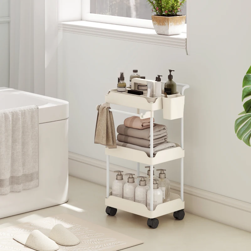 HOMCOM opbergtrolley, 3 manden, handdoekhouder, wielen, handgreep, metalen frame, wit