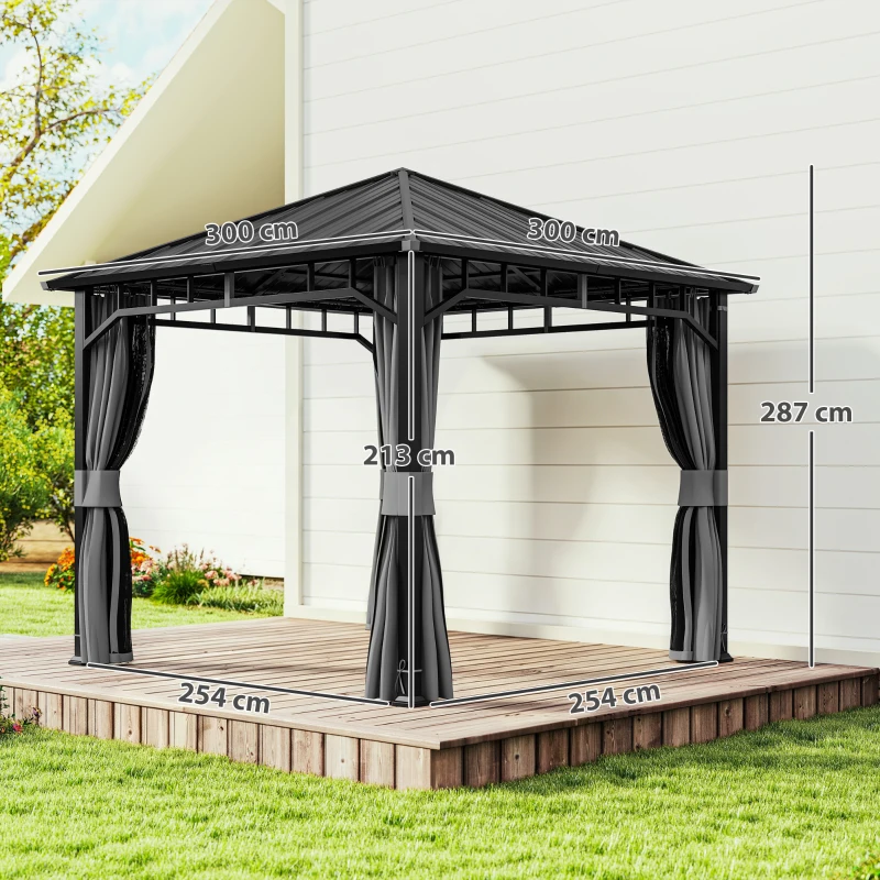 Outsunny 3 x 3(m) Hardtop Gazebo with Galvanised Steel Roof, Waterproof Permanent Pavilion Garden Gazebo with Netting and Curtains for Patio, Deck