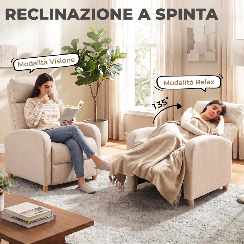 HOMCOM Poltrona Relax Reclinabile Manualmente a 135° con Poggiapiedi in Tessuto, Beige