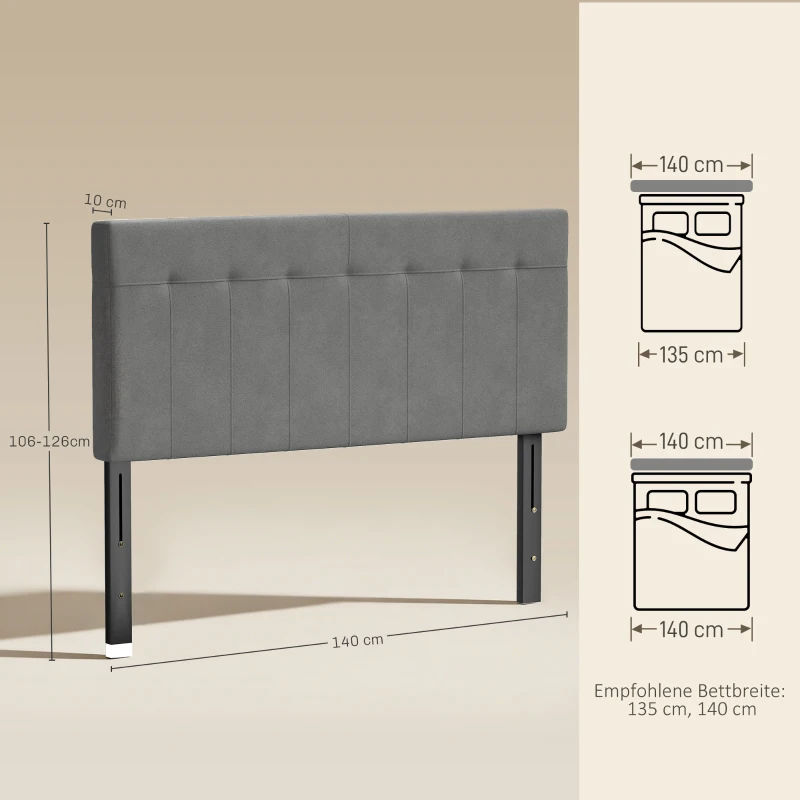 HOMCOM Hoofdeinde 3-traps hoogteverstelbaar met metalen poten fluweel-look voor slaapkamer 140x10x106/116/126 cm Grijs