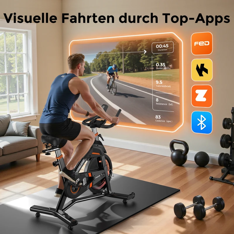 Vélo d'appartement, cadre en acier renforcé, réglable en hauteur, 110x55,5x126 cm, Noir