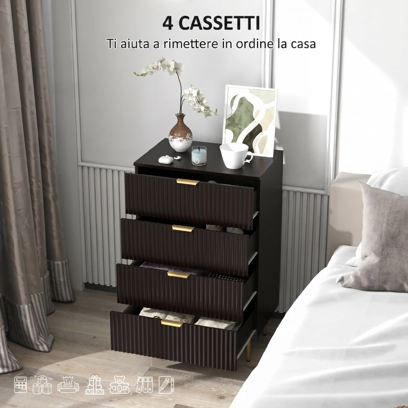 HOMCOM Cassettiera da 4 Cassetti Moderna, Comò con Maniglie Dorate e Dispositivo Antiribaltamento, 60x40x96 cm, Nero
