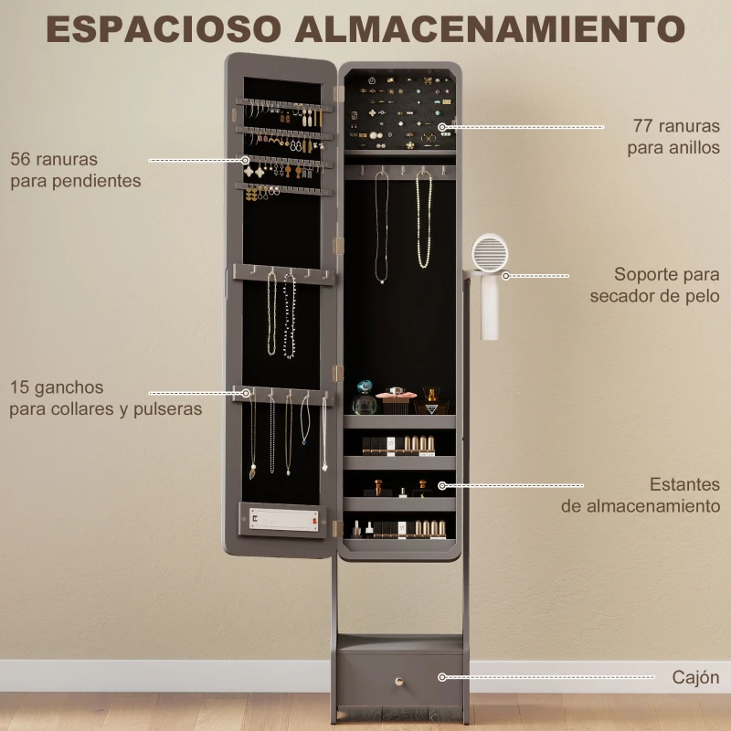 HOMCOM Espejo Joyero con Luces LED Armario Joyero con Espejo Entero de Ángulo Ajustable Cajón Luces Apagado Automático Gris