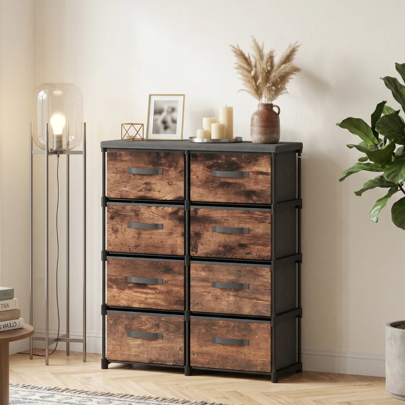 HOMCOM Kommode mit 8 Schubladen, Stoffkommode mit Metallgestell, für Schlafzimmer & Wohnzimmer, Vintage Braun