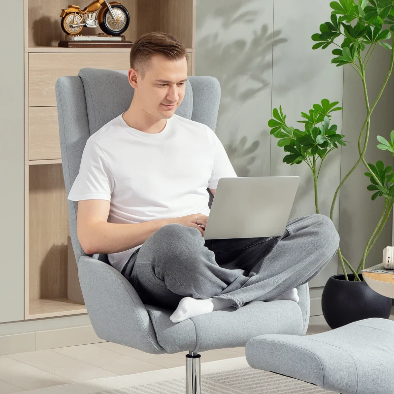 HOMCOM Draaibare Beklede Stoel met Poef, Leunstoel met Armleuningen, voor Woonkamer, Slaapkamer, Grijs