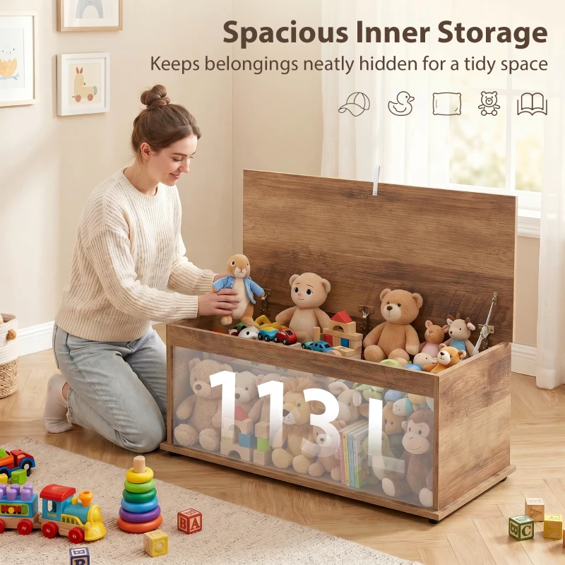 HOMCOM Storage Chest, Large 113L Blanket Box, Shoe Bench with Safety Hinged Lid, Storage Trunk, Bed End Bench for Bedroom, Hallway, Living room, Playroom, 100 x 40 x 40cm, Brown Wood Grain