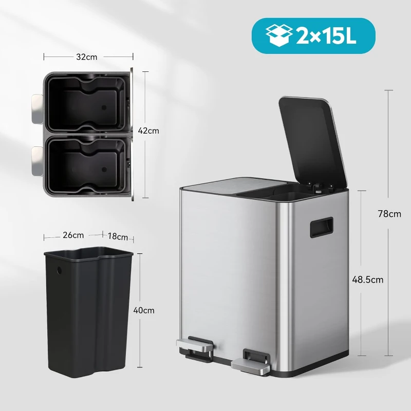 Pattumiera 30 litri con 2 scomparti, a pedale, a prova di odori e salvaspazio, 38,4x41,6x48,6 cm, argento