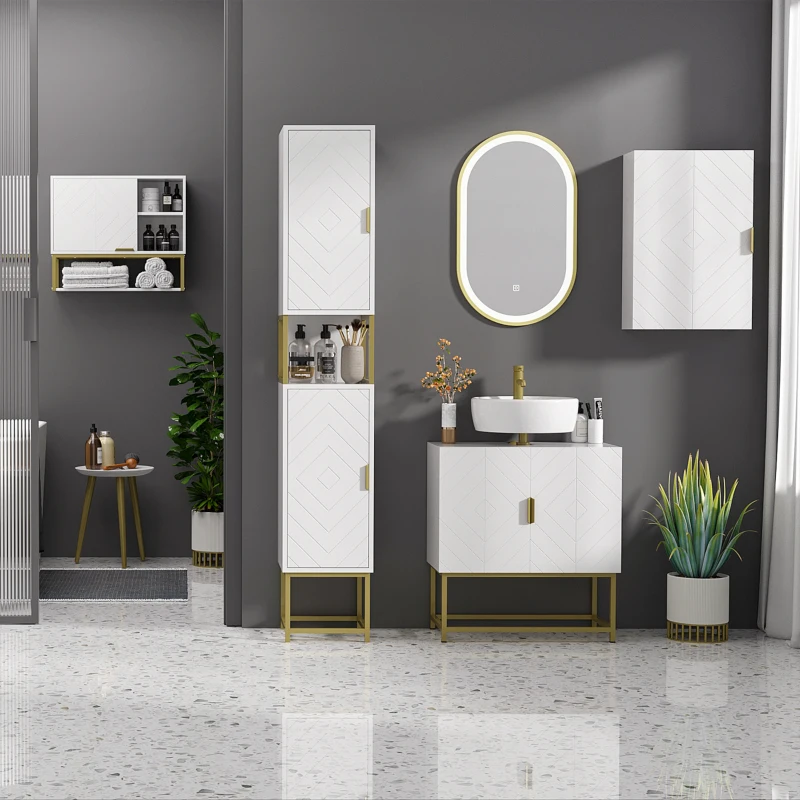 kleankin Colonna Bagno con 2 Armadietti e Ripiano in MDF e Acciaio, 30x30x170.7cm, Bianco e Oro