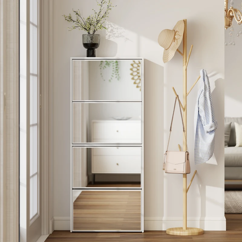HOMCOM Zapatero Estrecho con Espejo y 4 Puertas Abatibles para 12  Pares de Zapatos 63x17x146 cm Blanco
