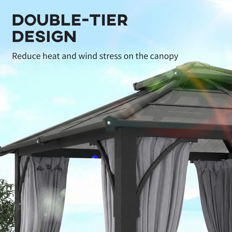 Outsunny 3 x 3(m) Hardtop Gazebo Canopy with 7mm Polycarbonate Double-Tier Roof, Garden Gazebo Permanent Pavilion with Mosquito Netting and Curtains for Patio, Terrace, Dark Grey