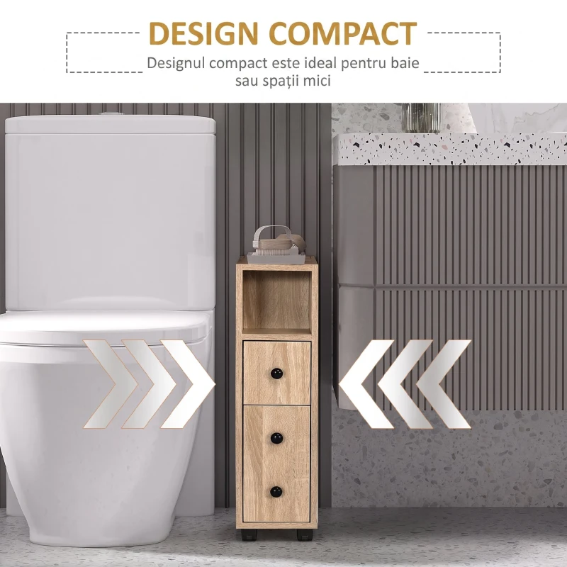 kleankin Dulap Coloană de Baie, Turn de Depozitare Slim pe 4 Roți pentru Spații Înguste, Design Compact, Stejar