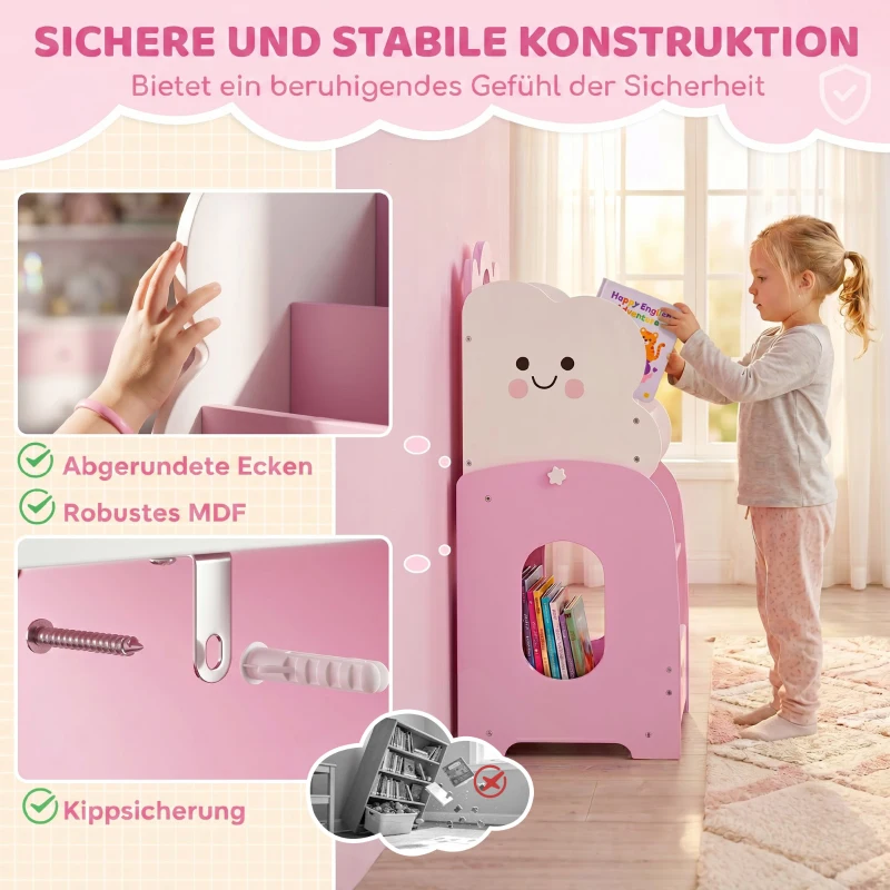 AIYAPLAY 3-in-1 Kinderregal mit Spielzeugaufbewahrung, Modularer Bücherregal mit 4 Taschen & 3 Ebenen sowie Nachttisch, Rosa