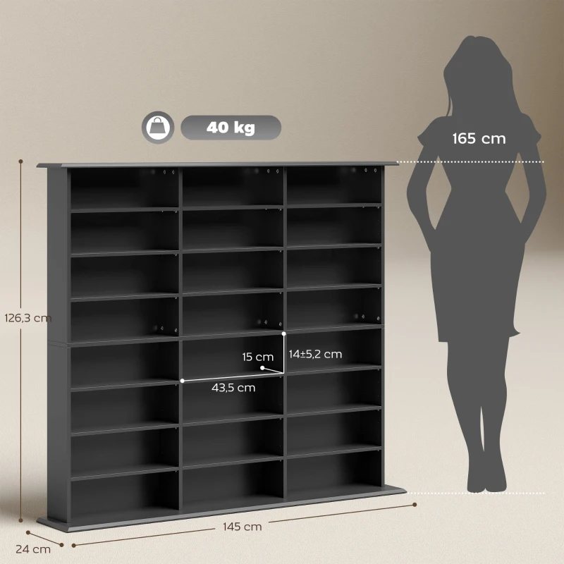 HOMCOM Mobile Porta CD a 8 Livelli con 18 Ripiani Regolabili, 1032 CD/594 DVD/Blu-ray Salvaspazio, con 24 Scomparti, 145x24x126.3 cm, Nero