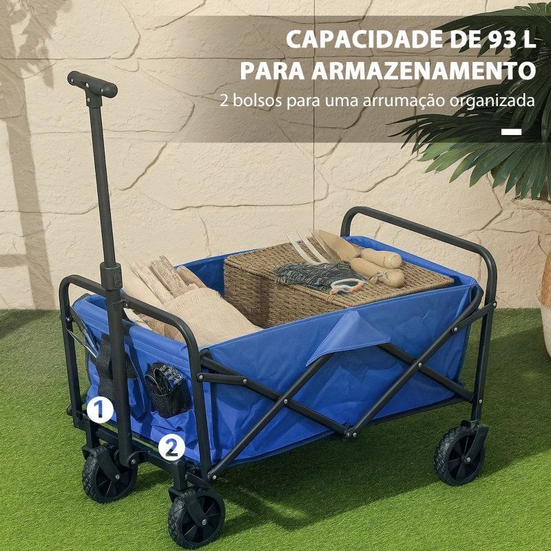 Outsunny Carrinho de Transporte com Rodas Carrinho de Jardim Dobrável com Pega Telescópica Ajustável 2 Bolsas de Arrumação 64x42x27 cm Azul