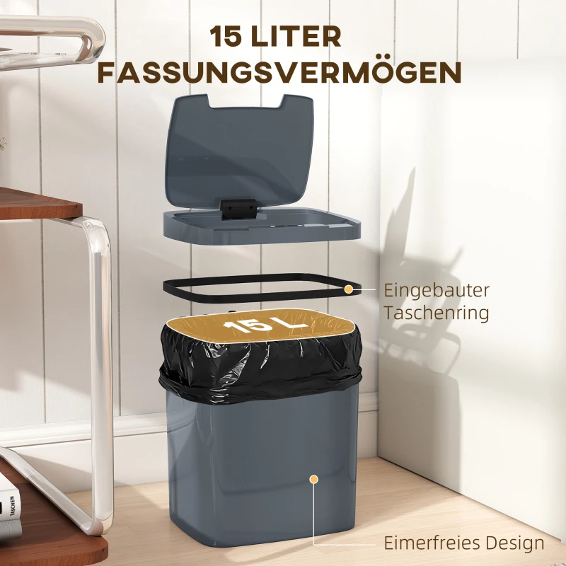 HOMCOM Sensor Prullenbak 15L Automatische prullenbak met twee openingsmodi, voor kantoor, keukens, 27,6 x 21,4 x 33,5 cm, grijs(m-6)