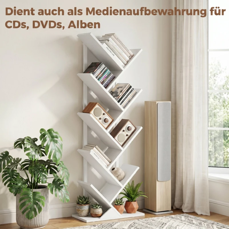 HOMCOM 9-laags boomvormig boekenrek, vrijstaand industrieel boekenrek met stalen frame, opbergeenheid voor CD’s, DVD’s, wit