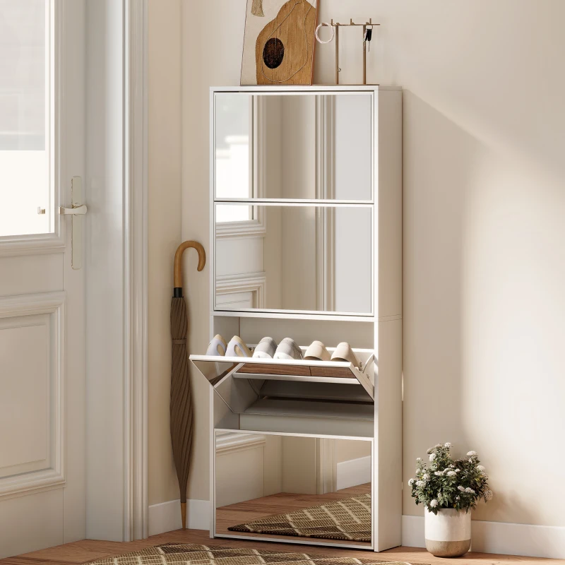 HOMCOM Zapatero Estrecho con Espejo y 4 Puertas Abatibles para 12  Pares de Zapatos 63x17x146 cm Blanco