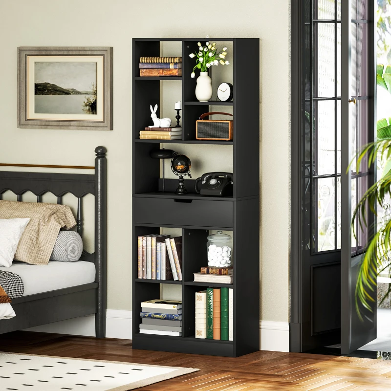 HOMCOM Estantería para Libros con 1 Cajón y 9 Compartimentos Mueble Librería para Salón Oficina Estudio 60x26x158cm Negro