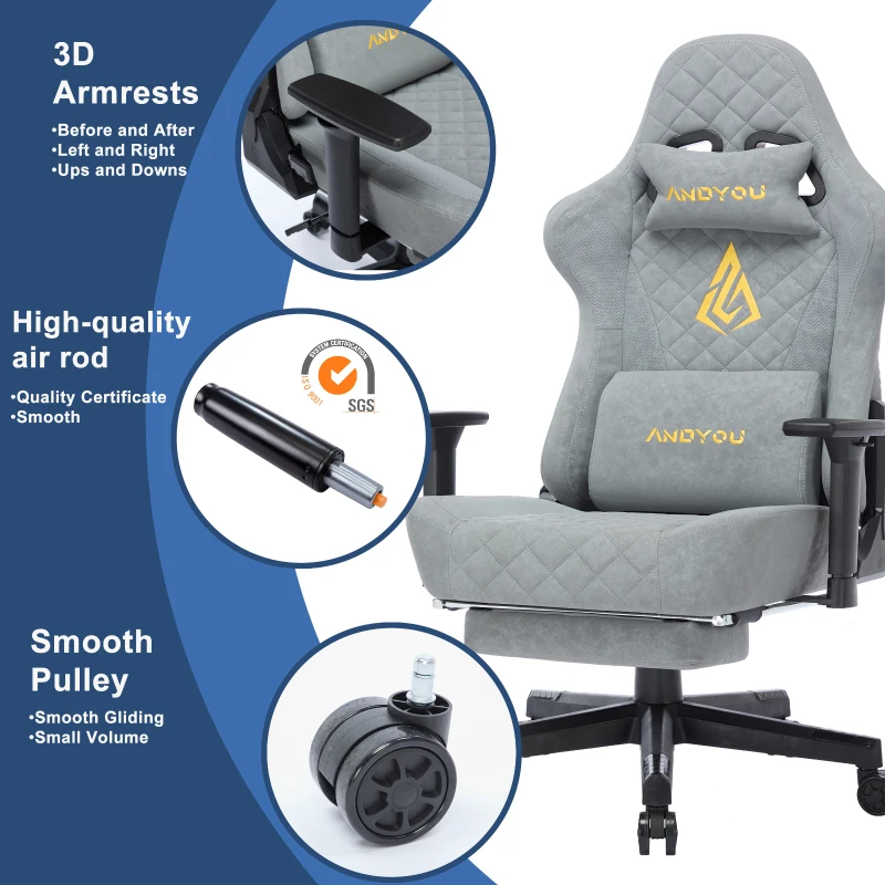 Fauteuil gamer ergonomique, entièrement rembourré, respirant, infroissable et durable, 70x70x131 cm, Gris