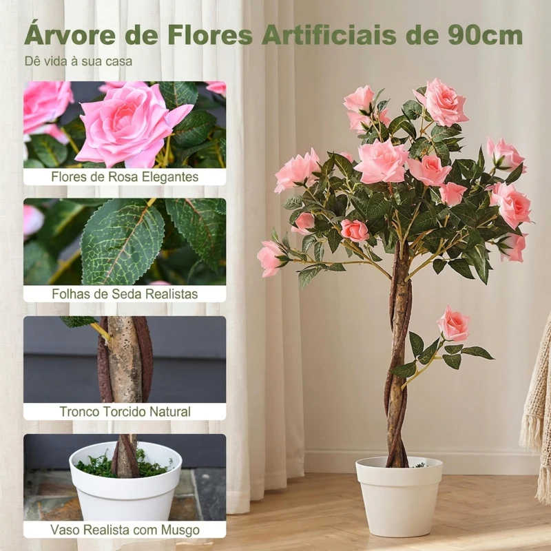 Outsunny Árvore artificial Planta Artificial em Vaso de Cimento Design Maravilhoso de Planta de Rosas 18x18x90 cm Rosa