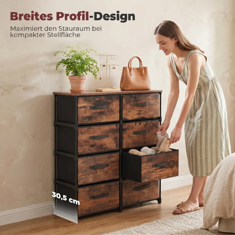 HOMCOM Kommode mit 8 Schubladen, Stoffkommode mit Metallgestell, für Schlafzimmer & Wohnzimmer, Vintage Braun