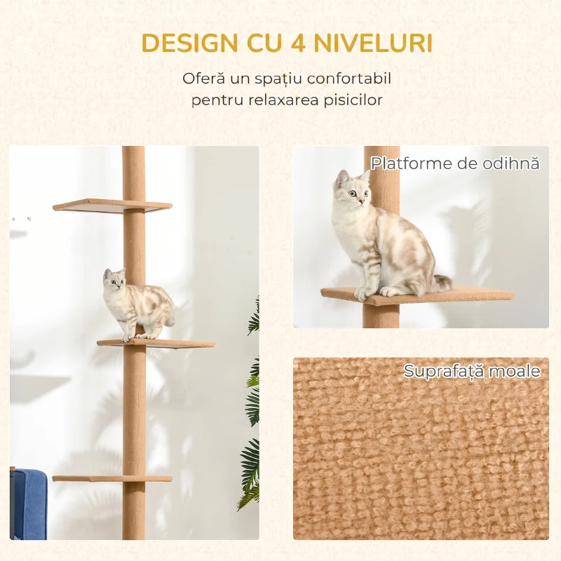 Pawhut Arbore Pisici 4 Niveluri – Fixare Reglabila la Tavan