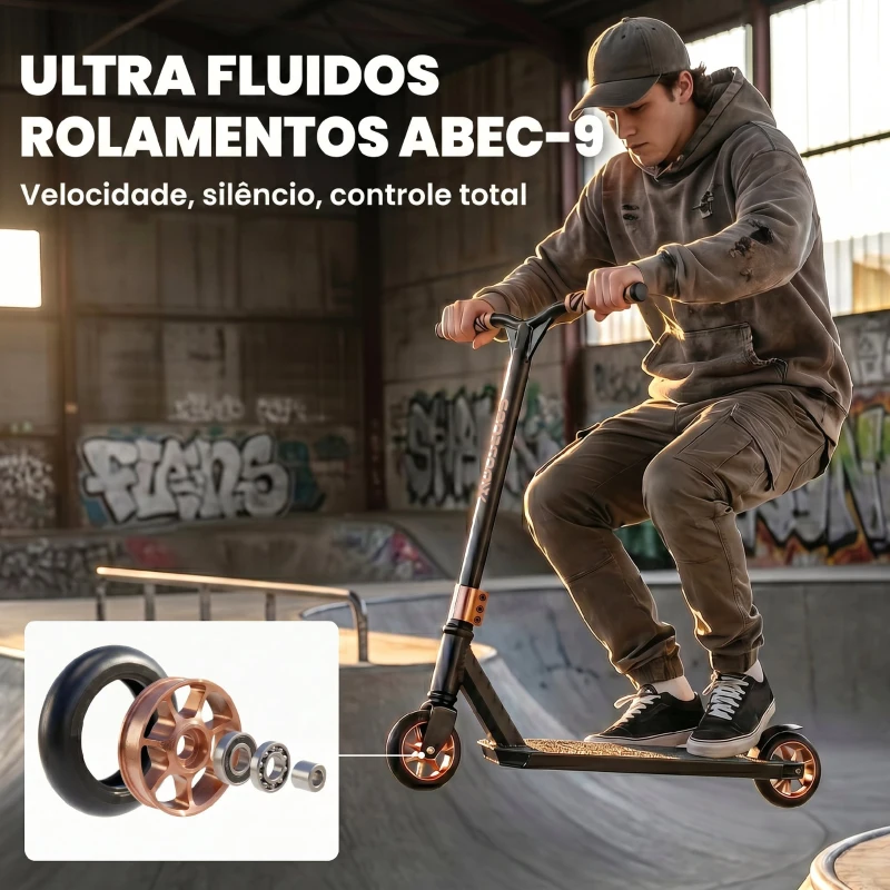 SPORTNOW Trotinete Acrobática com Guiador 360° Rolamentos ABEC-9 Rodas de PU de 120 mm Estrutura de Alumínio 66x47x81 cm Dourado