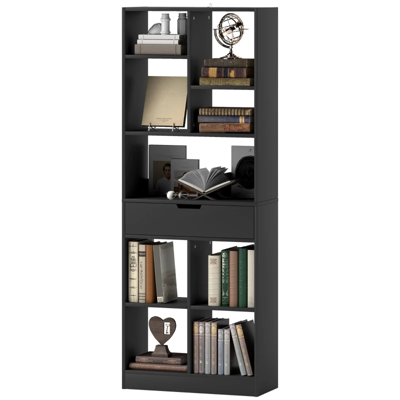 HOMCOM Estantería para Libros con 1 Cajón y 9 Compartimentos Mueble Librería para Salón Oficina Estudio 60x26x158cm Negro