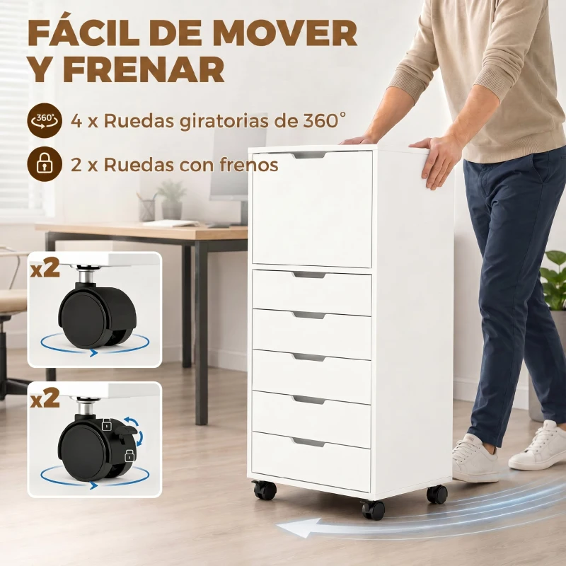 HOMCOM Cajonera de Oficina con 5 Cajones Ruedas y Armario con Cierre Suave Soporte para Impresora Blanco