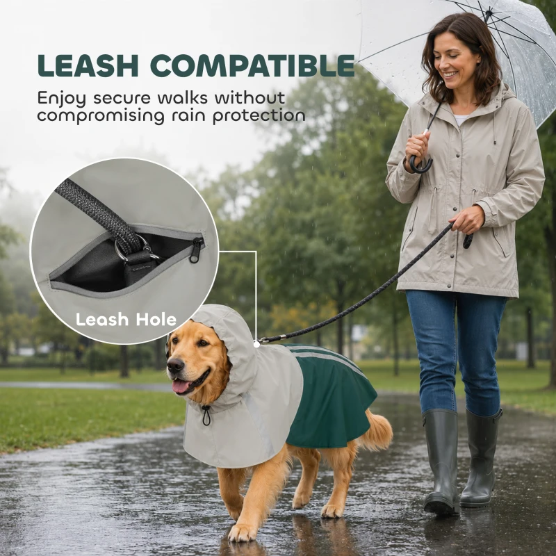 PawHut Dog Raincoat with Hood, Waterproof & Breathable Rain Jacket with Leash Hole, for Large Dogs, Green, L