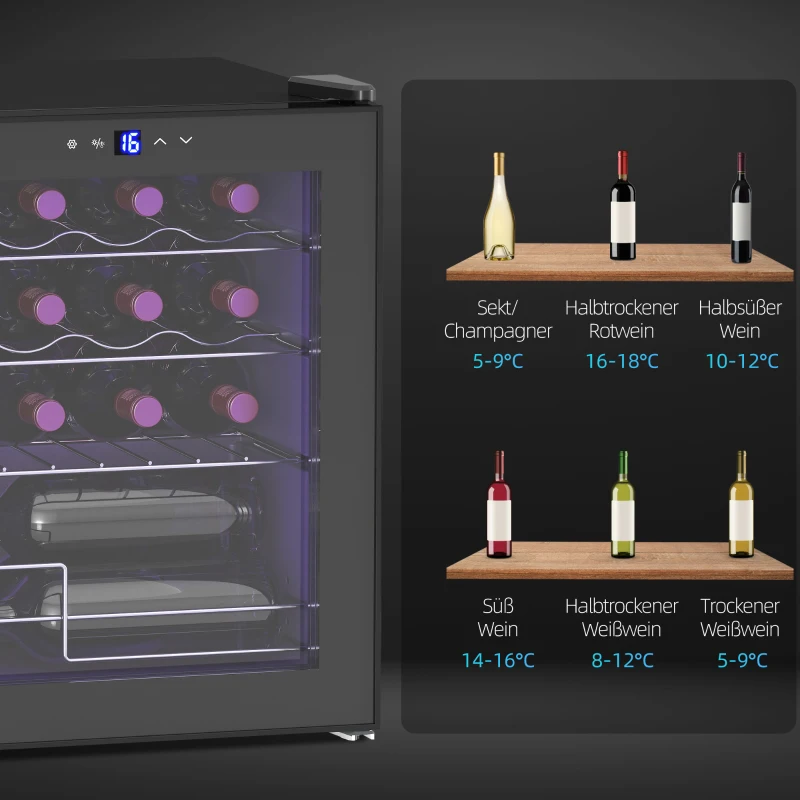 HOMCOM Vrijstaande wijnkoelkast, 16 flessen, voor thuisbar, woonkamer, keuken Touchscreen, glazen deur, LED-verlichting(m-9)