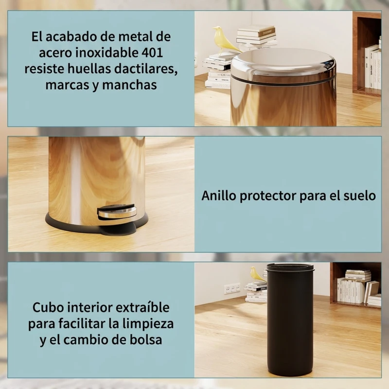 HOMCOM Cubo de Basura con Apertura a Pedal Basurero Automático Cierre Interno Extraíble con Volumen de 30 L Acero Inoxidable Ф29,2x62,9 cm Plateado