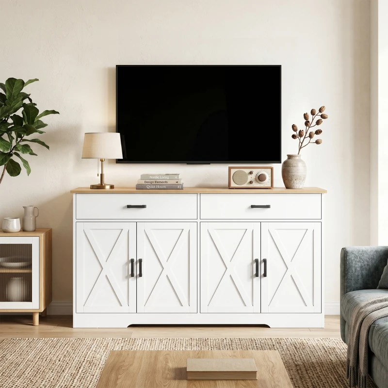 HOMCOM Sideboard Buffet Schrank, 140 cm Farmhaus Küchen-Schrank mit 2 Schubladen und 2 Schränken, Weiß