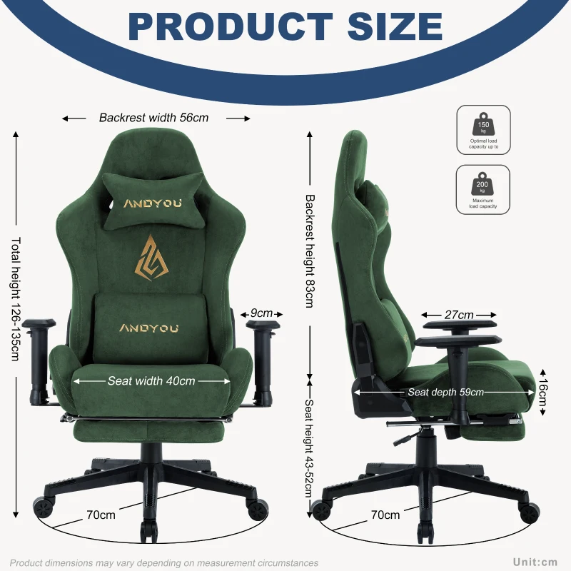 Sedia gaming con poggiapiedi, similpelle scamosciata traspirante, regolabile in altezza con pistone a gas, girevole, 70x70x135 cm, Verde
