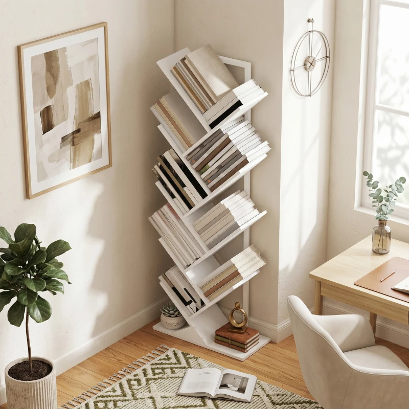 HOMCOM 9-laags boomvormig boekenrek, vrijstaand industrieel boekenrek met stalen frame, opbergeenheid voor CD’s, DVD’s, wit