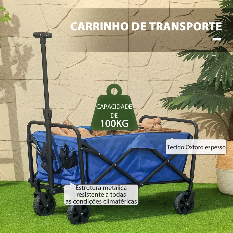 Outsunny Carrinho de Transporte com Rodas Carrinho de Jardim Dobrável com Pega Telescópica Ajustável 2 Bolsas de Arrumação 64x42x27 cm Azul