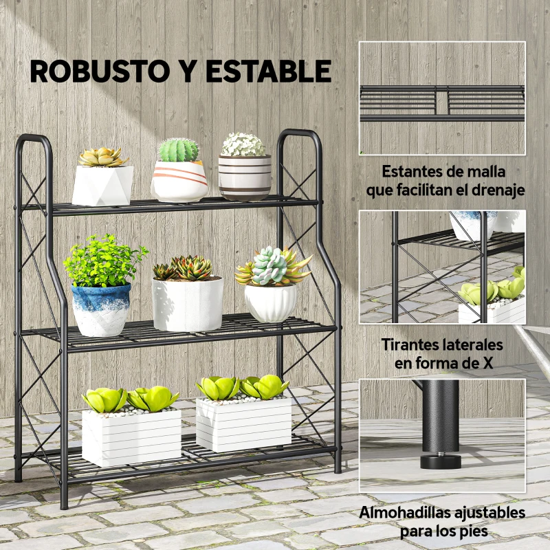 Outsunny Soporte para Plantas de 3 Niveles Estantería Metálica Resistente para Interior y Exterior 69x28,5x78 cm Negro