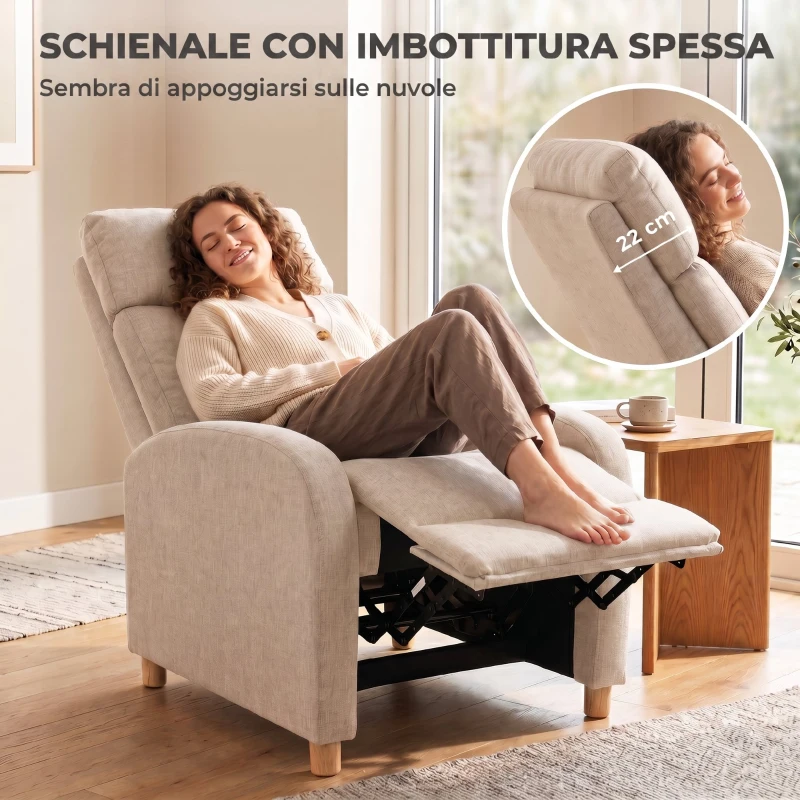 HOMCOM Poltrona Relax Reclinabile Manualmente a 135° con Poggiapiedi in Tessuto, Beige