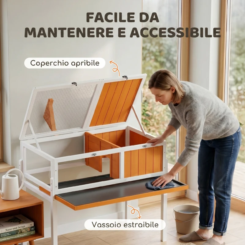 PawHut Casetta Tartarughe Rialzata con Divisorio, Vassoio Estraibile, in Legno e PS, 104x53x82 cm, Arancione e Bianco