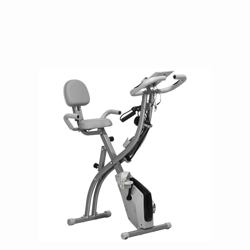 HOMCOM Bicicleta Estática Plegable 3 en 1 con Respaldo y 8 Niveles Resistencia Magnética, Bicicleta Estática en Casa Ajustable con Monitor LCD Volante Bandas Sensor de Pulso Soporte de Teléfono Gris
