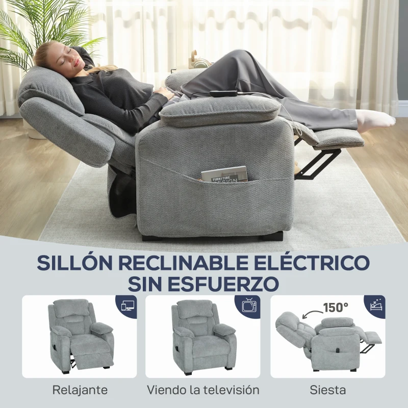 HOMCOM Sillón Relax Reclinable Eléctrico Motor Silencioso 2 Posiciones Memoria Reposapiés Reposacabezas Puerto USB y Bolsillos