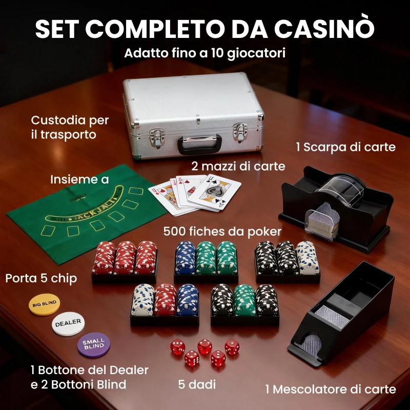 SPORTNOW Set da Poker Completo con 500 Fiches, Mescolatore di Carte, Distributore di Carte, Tappetino, 5 Dadi, Argento