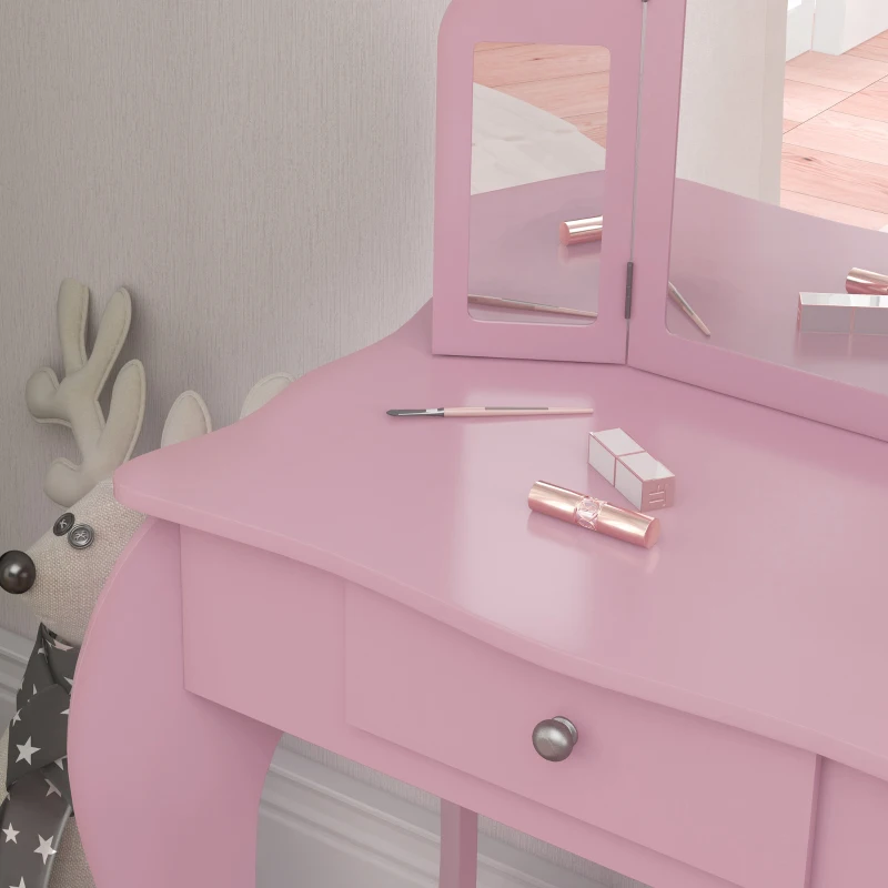 HOMCOM Tocador Infantil con Taburete y Espejo Ajustable Tocador para Niñas de 3-6 Años con Cajón Rosa