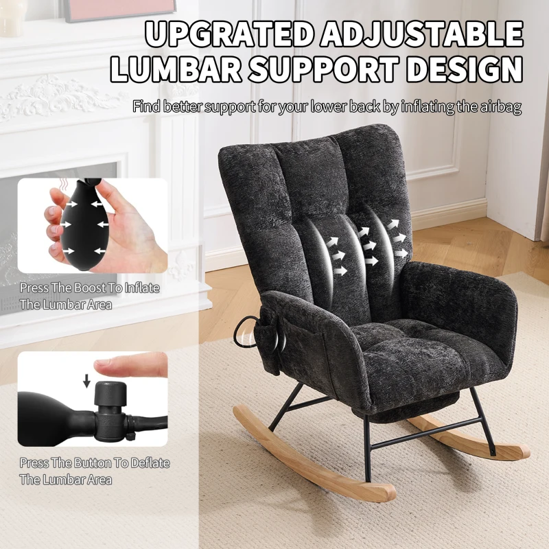 Fauteuil à bascule pour chambre d'enfant, coussin gonflable réglable, poche latérale intégrée & repose-pieds, 64x91x85 cm, Noir