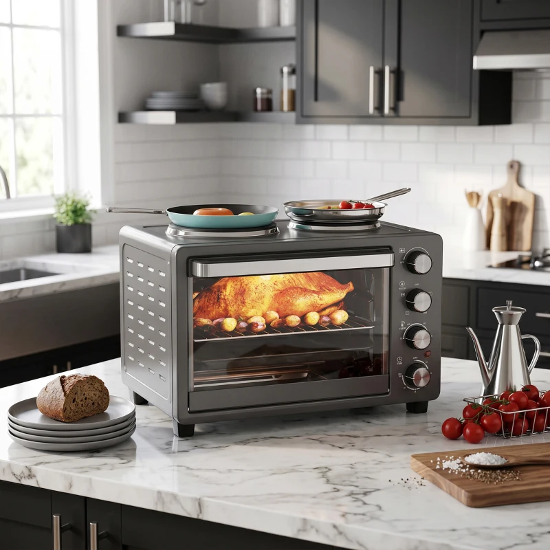 HOMCOM Forno Elétrico de Bancada 28L 2600W com Placas de Cozedura, Temperatura Ajustável, Temporizador e Tabuleiro, Preto