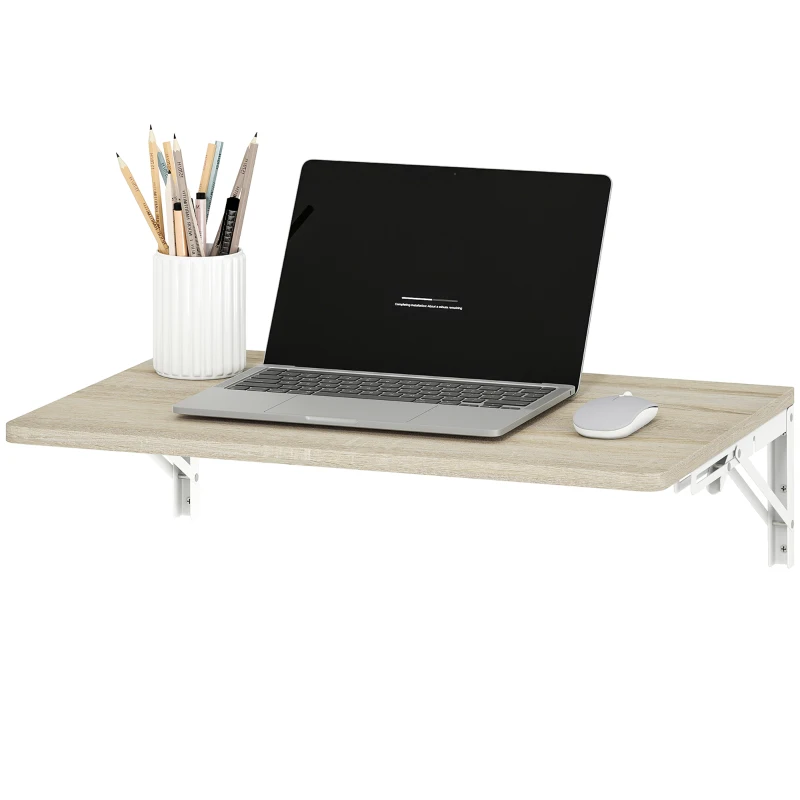 HOMCOM Wandklaptafel, 60x40 cm Klaptafel, Ruimtebesparend Zwevend Bureau met afgeronde hoeken, voor Homeoffice, Woonkamer, Slaapkamer, Keuken, Eiken