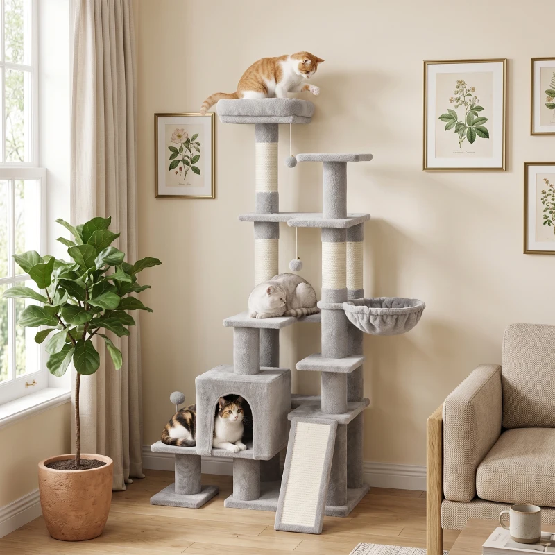 PawHut Árbol Rascador para Gatos 152 cm Multinivel con Cueva Hamaca Cama Escalera Rascadora 4 Postes de Sisal Bolas Gris Claro