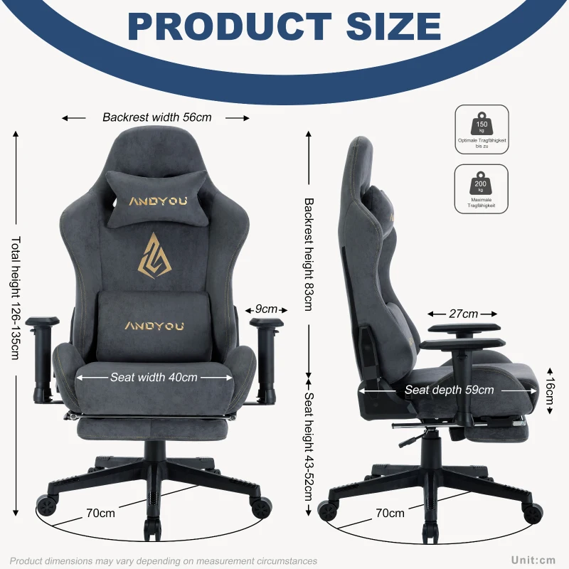 Sedia gaming con poggiapiedi, in similvelluto traspirante, regolabile in altezza con molla a gas, girevole, 70x70x135 cm, Grigio